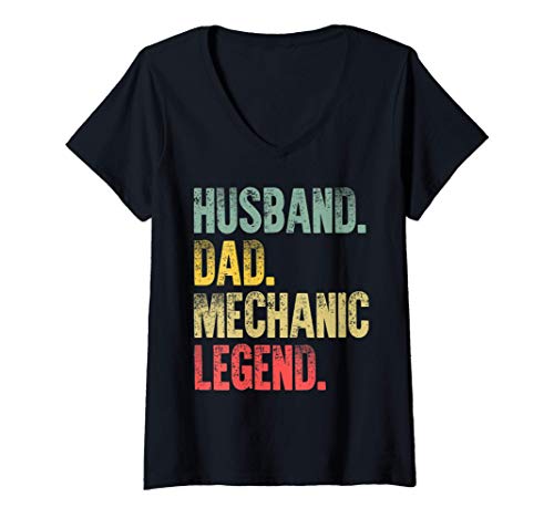 Femme Funny Vintage Shirt Husband Dad Mechanic Legend Retro T-Shirt avec Col en V