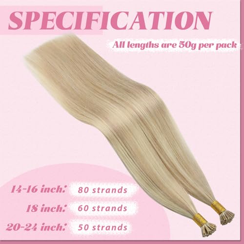 Image of YoungSee I Tip Extensions Blonde Itip Hair Extension Real Human Hair Ash Blonde Highlight Bleach Blond Itip Hair Extension 16 Inch 60s 50g I-Tips Human Hair for Women