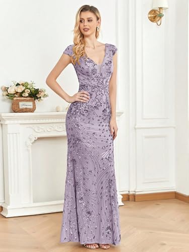 Image of Womens Sequined Long Evening Gown Glamous Sleeveless V-Neck Mermaid Prom Dress for Wedding Party Club Occasions