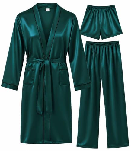Image of SWOMOG Mens 3 PCS Satin Robe with Pants & Shorts Set Kimono Bathrobe Long Sleeve Sleepwear Pjs Sets with Pockets