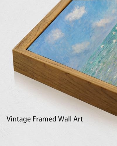 Image of KISSFOX Framed Wall Art Vintage Wall Decor Coastal Canvas Art Cliff Walk Pictures Sailboat Paintings Monet Artwork Landscape Prints For Living Room Bedroom