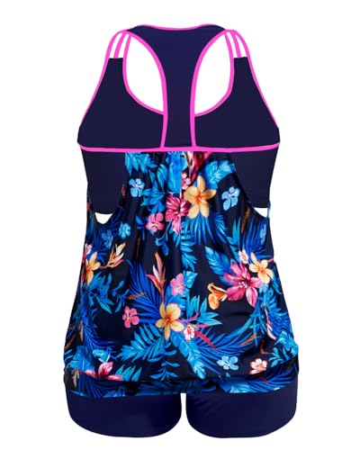 Image of Womens Plus Size Tankini Swimsuit Two Piece Tummy Control Bathing Suit | Blouson Racerback Tankini Top with Shorts, Double Up Design, Removable Pad