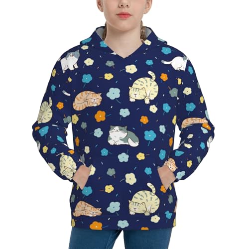 Cartoon Cat and Flower Kid Hoodies Boys Sweatshirts Girls Pullover with Pocket