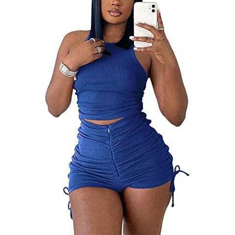 Workout Outfits 2 Piece for Women Ribbed Crop Tank Top High Waist Side Drawstring Ruched Shorts Set Biker Jogging Tracksuit, Blue, Large Cover