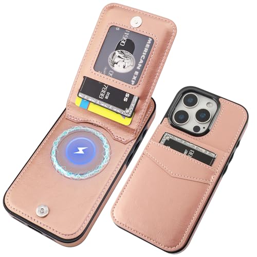 KIHUWEY for iPhone 16 Pro Wallet Case Card Holder for MagSafe, Rose Gold