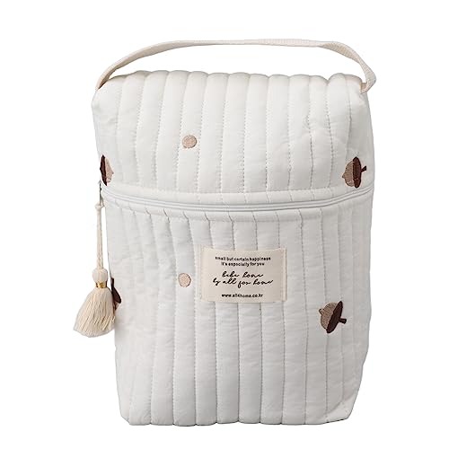 MIEYOA Cute Quilting Embroidered Diapers Bag, Cotton Baby Stroller Zipper Bag for Bottle Wipes Pacifier, Unique Pattern Design with Smooth Zipper, Lightweight Diaper Organizer for Outdoor (Pine Cone)
