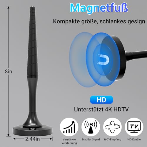 DVBT2 Antenne, DVB-T2 Innenantenne mit Verstärker, HDTV Zimmerantenne für Fernseher, 420 km Großer Reichweite und 360° Empfang, Starkem Magnetfuß, Geeignet für 4K 1080p & Alle TV (T8)
