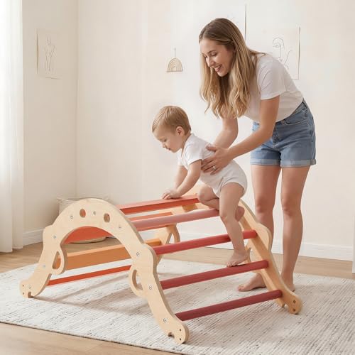 VEVOR Pikler Triangle Set, 9-in-1 Toddler Climbing Toys Indoor, with 2 Wooden Cars, Cushion, Triangle, Arch, and Ramp, 150 lbs Load, Foldable Montessori Climbing Set for Toddlers and Kids, Orange by VEVOR - Used condition - Image 2