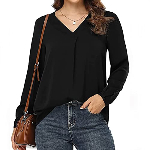 Blusa feminina de manga comprida e gola V para outono verão e brunch 2023, caimento solto, caimento