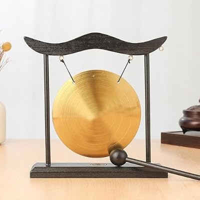 Hosrivae Brass Table Gong with Wooden and Mallet, 8.5 Inch Chinese Desktop Percussion Instrument Meditation, Feng Shui, Home Decor, Sound Gong Ornament, Gold Finish(A)