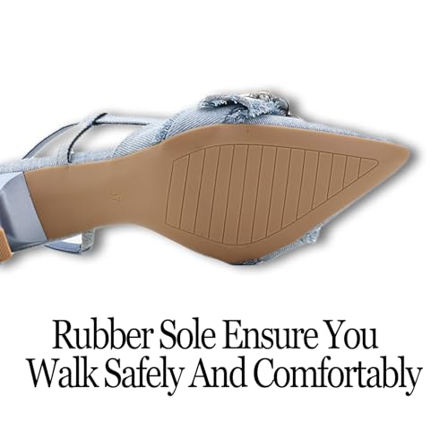 Women's Rhinestone Denim Cloth Kitten Heels Pumps Fashion Closed Pointed Toe Slip-On Slingback Low Heel Dress Sandals for Wedding Party Evening 5