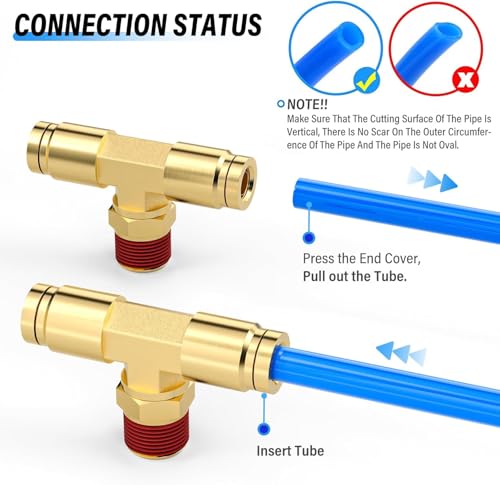 Image of TAILONZ PNEUMATIC 1 /4 Inch Tube OD x 1 /4 Inch NPT Thread DOT Tee Out Pipe Air Fittings PT-1 /4-N2,Push to Connect Fittings Air Brake Pipe Fittings for Cars、Trucks、Air Brake Systems、Etc.(Pack of 5)