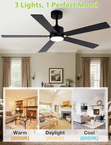 Vaczon Black Ceiling Fans with Lights, 52 Inch Modern Ceiling Fan with Remote Outdoor Ceiling Fan for Bedroom, Living Room,High CFM Ceiling Fans with 3CCT LED Lights Kit, Quiet DC Motor, Timer — view 5