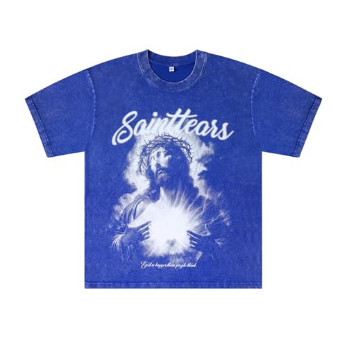Arnodefrance Saint Graphic Printing T-Shirt Hip Hop Rapper Tee Shirt Cotton Short Sleeve Shirt Blue