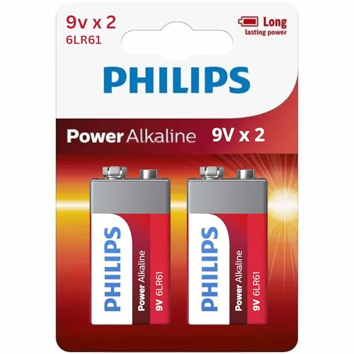 Philips 9 Volt Battery 2 Pack, Power Alkaline 9V Batteries, Reliable Long Lasting Power, Leak Proof Design, All Purpose 9volt Battery for All Your Household & Office Needs.