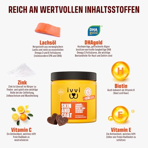 ivvi Skin & Coat Omega 3 für Hunde gegen Juckreiz im Leckerliformat, für gesunde Haut & glänzendes Fell – mit Biotin, DHAgold, Zink, Vitamin C, Lachsöl - 60 leckere Snacks (270g) mit Lachs