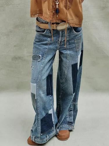 SCOFEEL Women Baggy Jeans Patchwork Mid-Rise Button Down Trendy Wide Leg Denim Pants with Pocket3