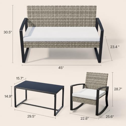 Image of Ahomly 4 Piece Outdoor Furniture Set with Rocking Chairs, Light Grey