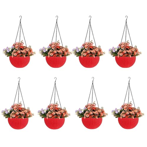 Image of Go Hooked Pots | Plastic | Hanging Pot | Red | Pot Diameter- 7.1 Inch | Pot Height-4.8 Inch | Pot Thickness-3 mm | Chain Length-13 inch Approx. | 8 Pieces
