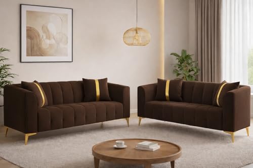 Image of Adorn India Premium Mystic - 3 Years Warranty - 3+2 Sofa Set Velvet Suede Fabric - Brown