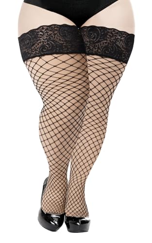 Moon Wood Plus Size Fishnet Stockings Womens Sheer Silicone Lace Top Stay Up Lingerie Fishnets Thigh Highs Stockings