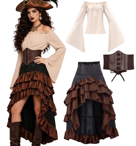 Vercico Pirate Costume Adult Women Medieval Pirate Fancy Dress Retro Elastic Waistband Corset Steampunk Renaissance Outfit Halloween Costumes