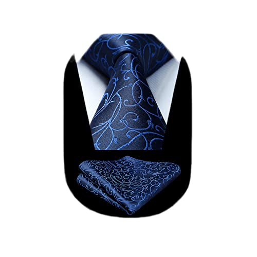 Image of HISDERN Men Floral Ties Woven Classic 3.4 inch Necktie Set Formal Tie Pocket Square for Wedding with Handkerchief Gift Box