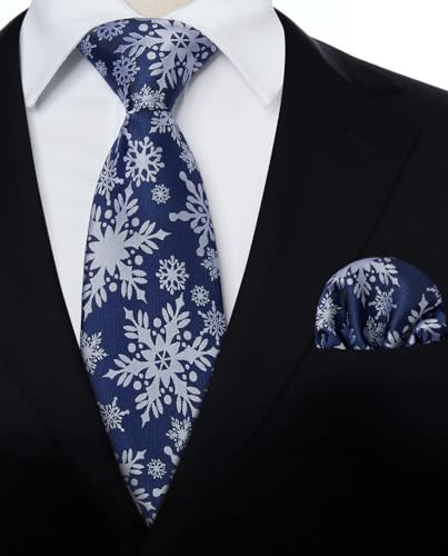 Image of HISDERN Christmas Ties for Men Holiday Tie and Pocket Square Cufflinks Festival Party Xmas Funny Silk Woven Necktie