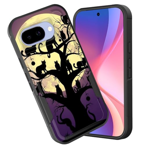 CICPLKSE for Pixel 9a Case,Dual Layer Heavy Duty Hybrid Shockproof Hard PC Soft Silicone TPU Bumper Protective Cover Case for Google Pixel 9a 6.3 inch 2025,Black Cat Moon