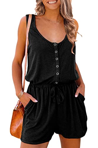 Prettygarden Women's Summer Casual Shorts Jumpsuit Plain Scoop Neck Button Down Sleeveless Tank Top Rompers With Pockets(Black,Small) #TOP21