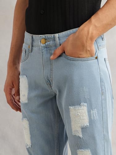 Image of Thomas Scott Men Smart Slim Fit Jeans | Mid-Rise | Light Shade | Highly Distressed | 5 Pocket Design | Non Stretchable Denim | No Fade