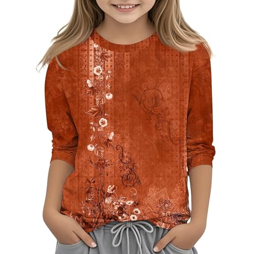 Teen Girls Floral 3/4 Length Sleeve Top Summer Crewneck Casual Athletic Blouse for Kids Soft Comfy (Red #6, 4-5 Years)