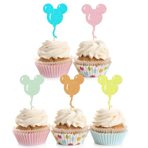 ZpiLkes 30Pcs Mouse Inspired Cupcake Toppers Glitter Multiple Colors Mouse Balloon Cake Toppers Decorations for Baby Shower Kids Birthday Party Wedding Anniversary Party Supplies