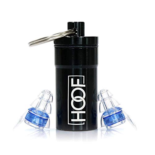 HOOF SafeSound - Ohrstöpsel/Gehörschutz für DJ´s, Musiker, Konzerte, Festival, Club, Disco, Party, e Gitarre, e Schlagzeug, Musik Silikon earplugs Hörschutz Blau/transparent mit Alubehälter