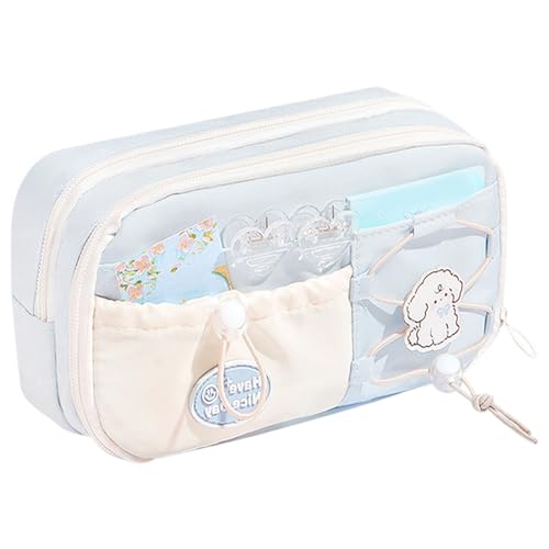 Image of FunBlast Pencil Pouch for Girls - Aesthetic Multi-Compartment Zipper Pouch with Drawstring Pocket, Cute Kawaii Pencil Case, Stylish Stationery Pouch, Return Gift for Kids & School Use (Blue)