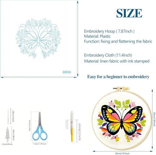 Image of Zhenqing Butterfly Embroidery Kit 11.4x11.4 Inch - Complete Embroidery Set with Fabric, Threads, Needles & Hoop - Beginner-Friendly DIY Craft Kit for Adults (C0041)