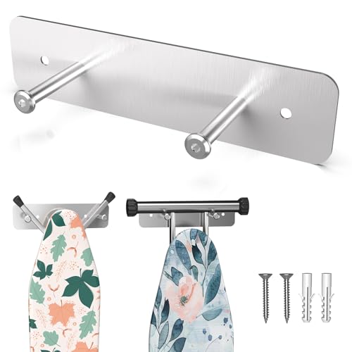ZHMY Ironing Board Holder, Ironing Board Hanger Wall Mount for Y or T Shaped, Laundry Rooms Stainless Steel Iron Board Hook with Adjustable Hooks