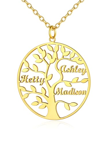 Custom4U Bijoux Famille Collier Arbre de Vie 3 Prénoms Enfant Personnalisé Plaqué Or Pendentif Trois Noms d'arbre Généalogique