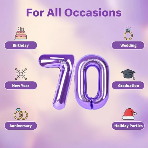 Image of Number Balloons for Birthday Decorations - 40 Inch Large Party Balloons 70, Purple Foil Number Balloons for Boys Girls, Balloons for Party Supplies