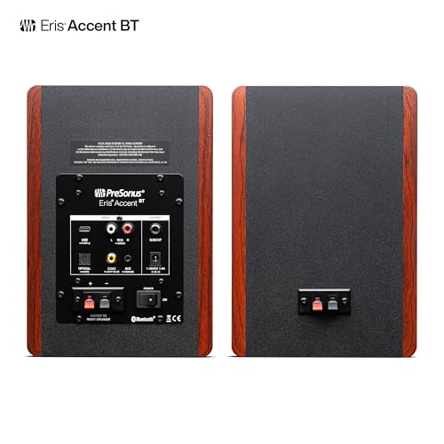 Image of PreSonus Eris Accent BT 60W Powered Bookshelf Bluetooth Speakers - Studio Monitors for Turntable, Home, 4 inch Woofer, Silk Tweeter, USB-C, Optical, RCA, Coax, Remote, Sub Out, Wired Option, Wood Grain
