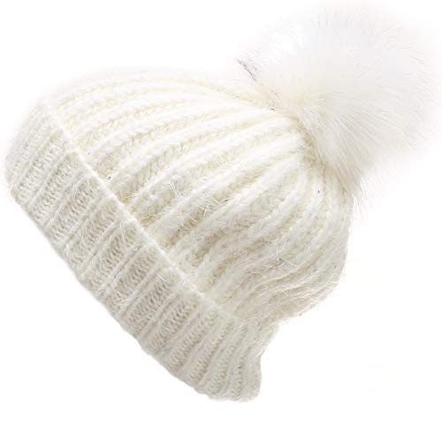 MIRMARU Women’s Soft Chunky Scattered Sequin Fuzzy Cable Knit Faux Pom Pom Beanie hat with Sherpa Lined (White)