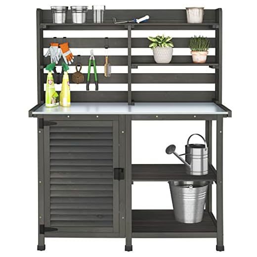 GDLF Potting Bench Table Large Garden Outdoor Work Bench Metal Tabletop Workstation with Storage Cabinet Shelf Dark Grey