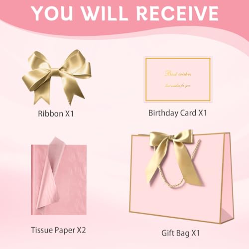 Image of JMANNI Pink Gift Bags with Handles, 13 inch Medium Gift Bags with Tissue Paper