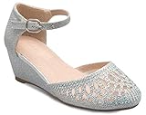 OLIVIA K Women's Classic Closed Toe Kitten Heel Pump | Dress, Work, Party Mid Heeled Pumps, Silver Glitter, 1 Big Kid US