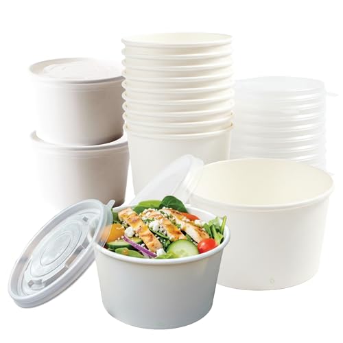 [50 Count] 12 oz Disposable White Paper Soup Containers with Plastic Lids - Half Pint Ice Cream Containers, Frozen Yogurt Cups, Restaurant, Microwavable, Take Out, to Go Deli Containers, Recyclable