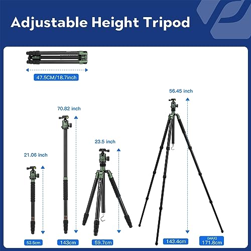 Image of Fotopro 68 inch Camera Tripod for DSLR, Heavy Duty Compact Travel Tripod with Ball Head, Detachable Monopod with Quick Release Plate and Bag, Load up to 12KG /26.5lbs, Green
