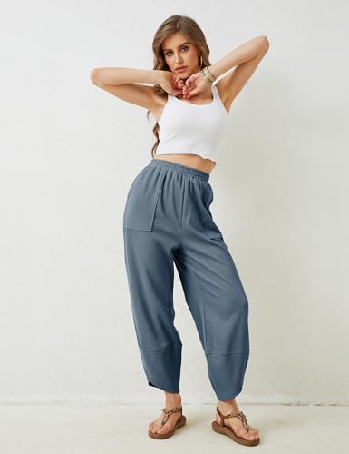 Image of Himosyber Women Cotton Pants Wide Leg Pants Casual Loose Baggy Elastic Waist Beach Palazzo Harem Pants