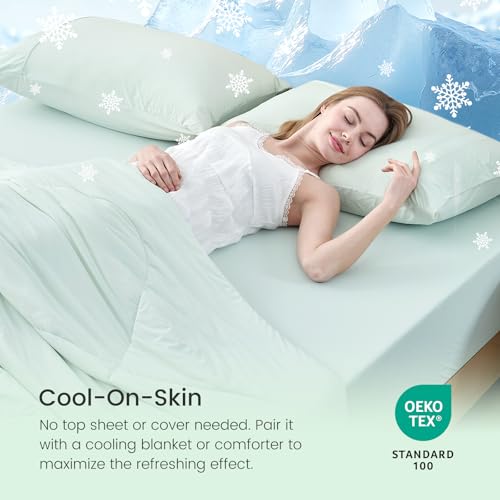 Cozy Bliss Premium Cooling Sheet Set Cali King Size, Q-Max>0.4, 3PCS No Flat Sheet with 2 Pillowcases, Breathable Fitted Sheet for Hot Sleepers & Night Sweats, Deep Pocket Up to 18 Inches, Mint Green