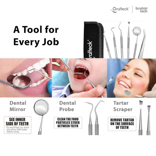 Image of Nuevo Dental tools Cleaning Kit Premium German Stainless Steel Plaque Cleaner, Tartar Remover, 6 Pieces Oral Care Instruments with Case Suitable for Adults Kids and Pets (Black)