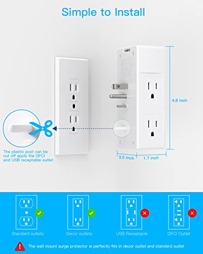 2 Pack Multi Plug Outlet, Surge Protector, 5 Outlet Extender with 4 USB Charging Ports (2 USB C), USB Wall Charger, 3-Sided 1800J Power Strip Outlets Splitter Wall Plug Adapter Spaced for Home Office